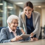 Image of a friendly customer service representative assisting an elderly person with their mobility device. The representative is smiling and patiently explaining something on a tablet.