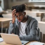 A student hunched over their laptop, visibly stressed, surrounded by books and papers, with a worried expression